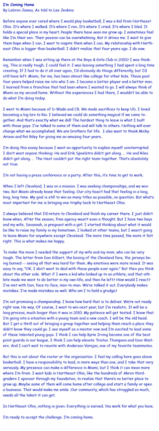 Illustration for article titled LeBron's Essay, In Comic Sans
